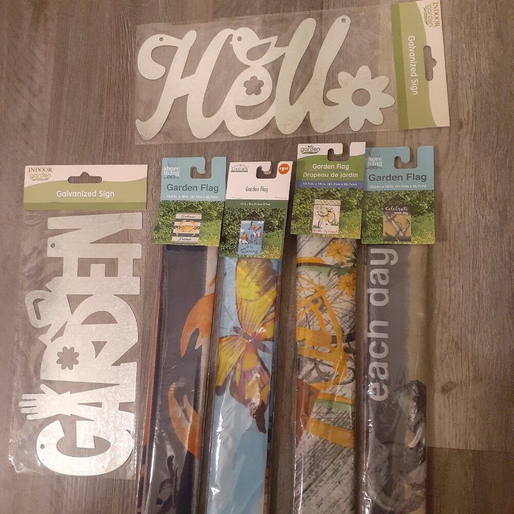 LOT of 4 Garden Flags + 2 Silver plated Garden Signs- $ 6 (Multiple available!)